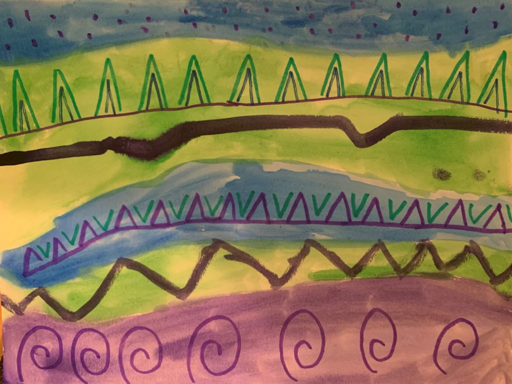 This image shows a watercolor painting that uses the cool colors blue, green, and purple. These colors are painted in horizontal stripes to form a background. Lines, curls, and triangles are added with darker shades of these colors.